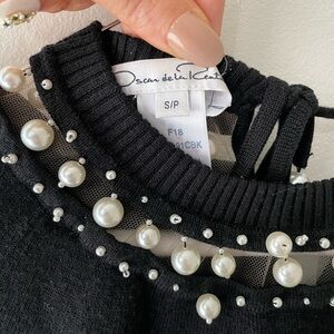 Oscar de la Renta Black Sweater with Pearl Details